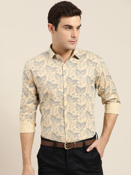 SOJANYA - Mens Cotton Beige & Mid Grey Printed Formal Shirt
