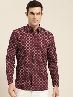 SOJANYA - Mens Cotton Maroon & White Printed Formal Shirt