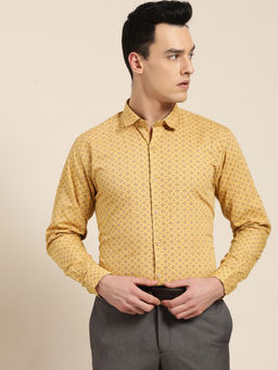 SOJANYA - Mens Cotton Yellow & Navy Blue Printed Formal Shirt