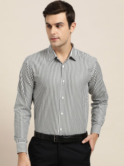 SOJANYA - Men Cotton Blend Black & White Striped Formal Shirt