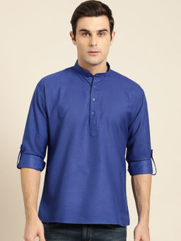 SOJANYA - Men Cotton Royal Blue Solid Short Kurta