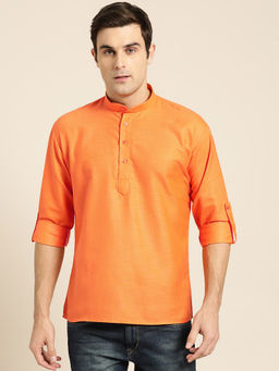 SOJANYA - Men Cotton Orange Solid Short Kurta