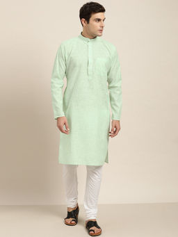 SOJANYA - Cotton Green Striped Kurta & White Churidar Pyjama (Set of 2)