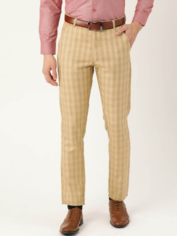 SOJANYA - Men Cotton Blend Beige & Green Checked Formal Trousers