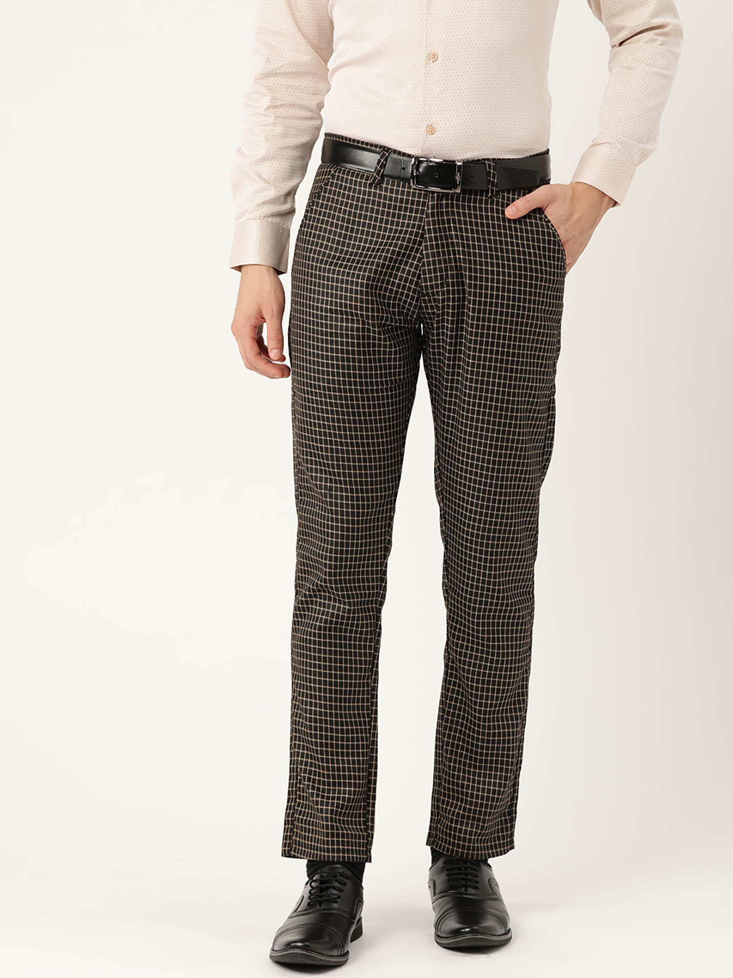 Beige Checked Formal Trousers Online 