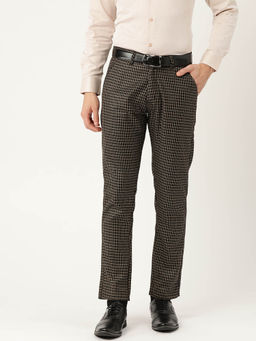 SOJANYA - Men Cotton Blend Black & Beige Checked Formal Trousers