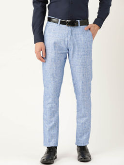 SOJANYA - Men Cotton Blend Blue & Off White Checked Formal Trousers