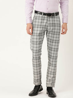 SOJANYA - Men Cotton Blend Grey & Black Checked Formal Trousers