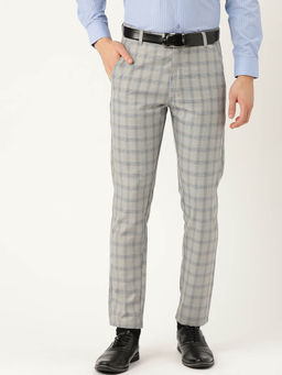 SOJANYA - Men Cotton Blend Grey & Blue Checked Formal Trousers