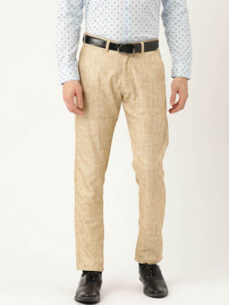 SOJANYA - Men Cotton Blend Khaki & Off White Checked Formal Trousers