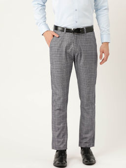 SOJANYA - Men Cotton Blend Navy Blue & Off White Checked Formal Trousers