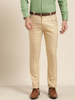 SOJANYA - Men Cotton Blend Beige & Green Checked Formal Trousers