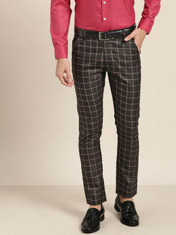 SOJANYA - Men Cotton Blend Black & Beige Checked Formal Trousers