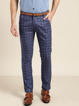 SOJANYA - Men Cotton Blend Royal Blue & Blue Checked Formal Trousers