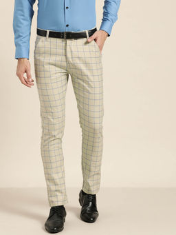 SOJANYA - Men Cotton Blend PistaGreen & Blue Checked Formal Trousers