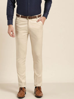 SOJANYA - Men Cotton Blend Beige Solid Formal Trousers