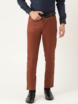 SOJANYA - Men Cotton Blend Rust Solid Formal Trousers