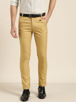 SOJANYA - Men Cotton Blend Gold & OffWhite Striped Formal Trousers
