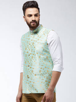 SOJANYA - Jacquard Silk Sea Green Designer Waist Coat