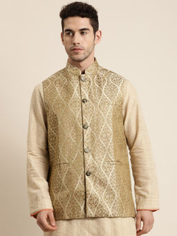 SOJANYA - Jacquard Silk Beige & Gold Waistcoat