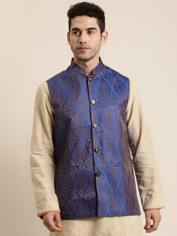 SOJANYA - Jacquard Silk Blue & Gold Waistcoat