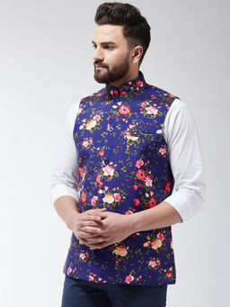 SOJANYA - Men Cotton Blend Royal Blue & Multicolored Printed Waist Coat