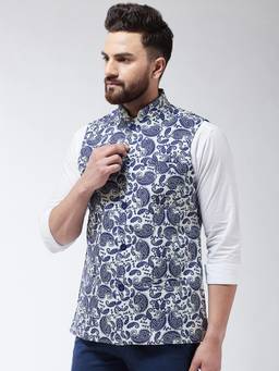 SOJANYA - Men Cotton Blend Cream & Royal Blue Printed Waist Coat