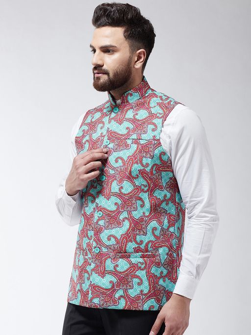 SOJANYA Men Cotton Blend Sea Green & Multi Printed Waist Coat