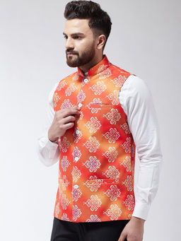 SOJANYA - Men Cotton Blend Orange & Off White Printed Waist Coat