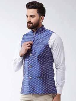 SOJANYA - Silk Blend Royal Blue & Gold Self Design Waist Coat