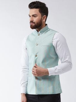 SOJANYA - Silk Blend Sea Green & Gold Self Design Waist Coat