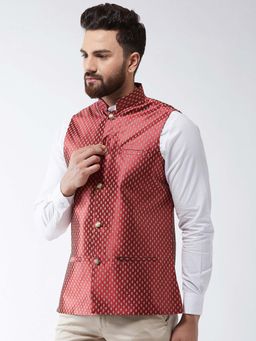 SOJANYA - Silk Blend Maroon & Gold Self Design Waist Coat