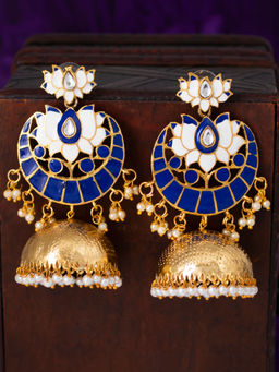 Sukkhi - Blue Glitzy Gold Plated Lotus Minakari Pearl Jhumki Earring