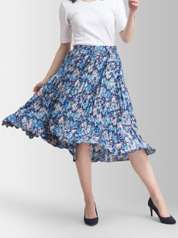 FableStreet - Pleated Flared Floral Midi Skirt - Blue