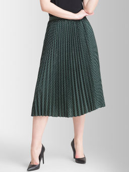 FABLE STREET - Pleated Flared Polka Midi Skirt - Bottle Green