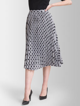 FableStreet - Pleated Flared Polka Midi Skirt - Grey and Black