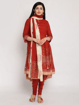 Biba - Red Printed Kurta With Pant & Dupatta (Set of 3)