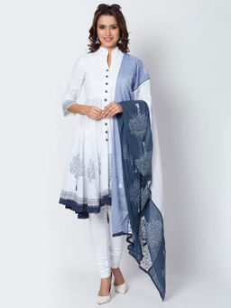Biba - White Printed Kurta With Churidar & Dupatta (Set of 3)