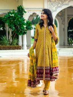 Rain & Rainbow - Women Mustard & Blue Printed Kurta with Churidar & Dupatta (Set of 3)