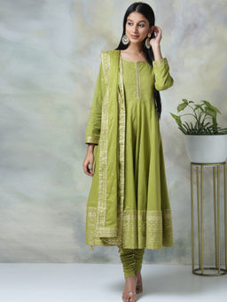 Biba - Green Embellished Anarkali With Churidar And Dupatta (Set of 3)