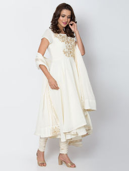 Biba - Off White Printed Anarkali Kurta & Churidar With Dupatta (Set of 3)