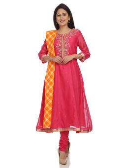 Biba - Pink Embroidered Kurta & Churidar With Dupatta (Set of 3)