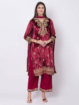Biba - Maroon Embroidered Kurta With Palazzo & Dupatta (Set of 3)