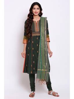 Biba - Green Embroidered Kurta With Churidar & Dupatta (Set of 3)