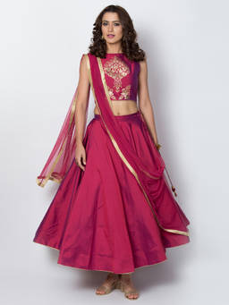 Biba - Maroon Solid Blouse With Lehenga & Dupatta (Set of 3)