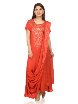 Biba - Rust Printed Drape Style Kurta With Palazzos (Set of 2)