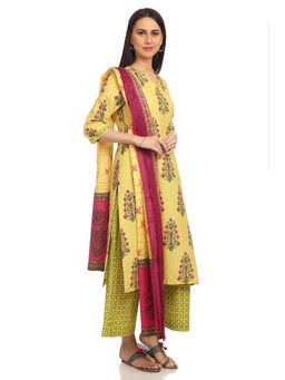 Biba - Yellow Floral Kurta With Palazzo & Dupatta (Set of 3)