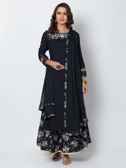 Biba - Black Solid Kurta With Skirt & Dupatta (Set of 3)