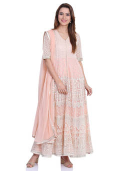 Biba - Peach Embroidered Kurta With Pants And Dupatta (Set of 3)