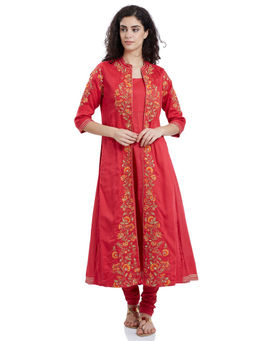 Biba - Red Kurta With Churidar And Embroidered Jacket (Set of 3)